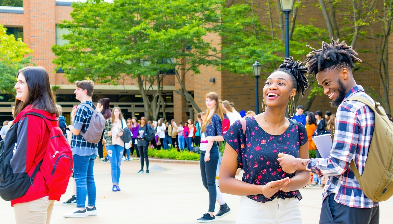 A vibrant campus scene with diverse students engaging A vibrant campus scene with diverse students engaging