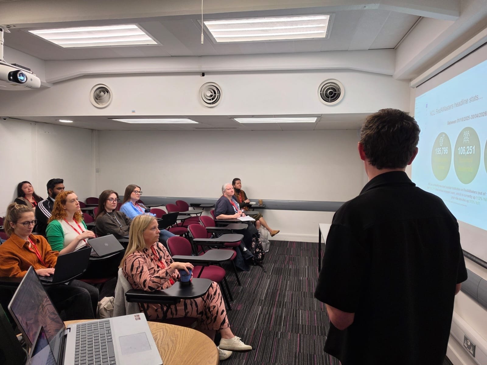 A speaker delivering a presentation to a room of university staff